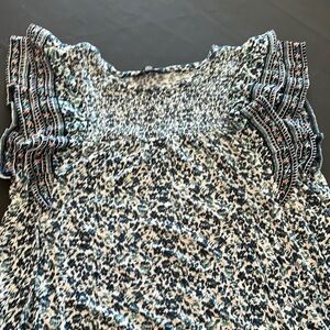 Lucky Brand Blue & Green Floral Blouse with Flutter Ruffle Sleeves & Smocking